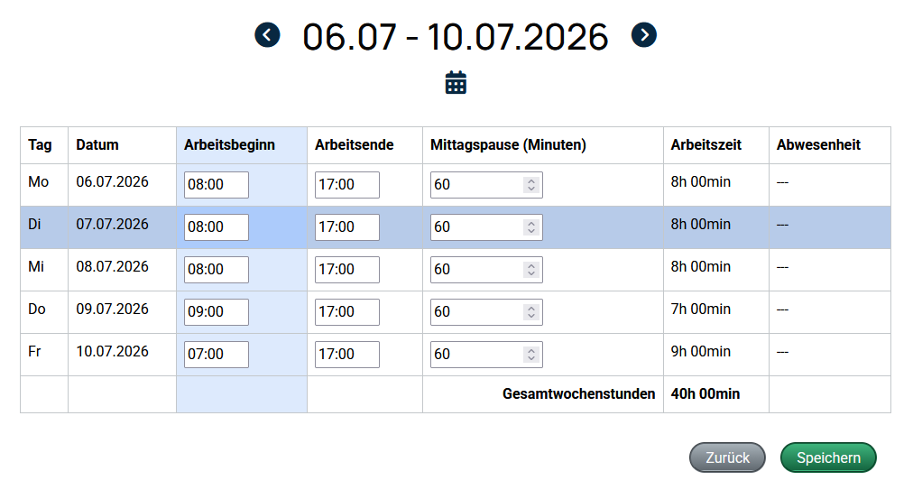 Arbeitszeiterfassung Beispiel